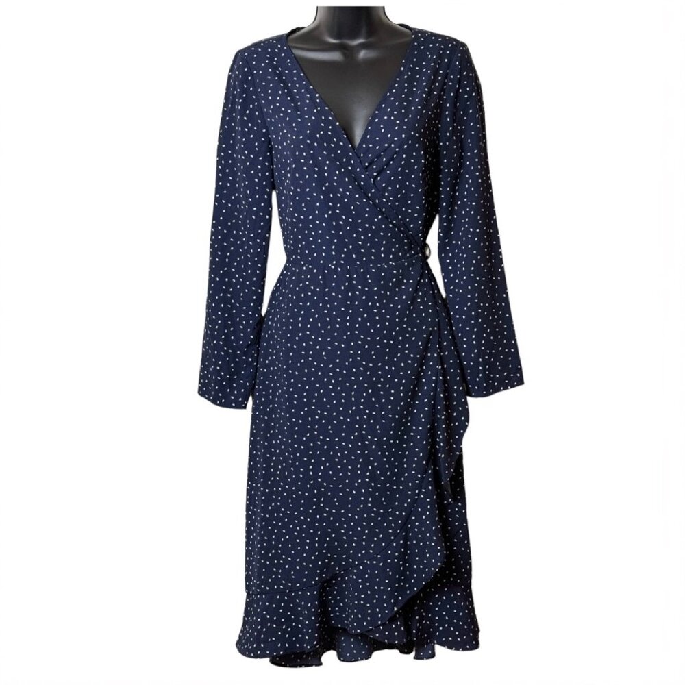 Chelsea28 Navy Blue Ruffle Wrap V Neck Long Sleeve Polka Dot Midi Dress Medium